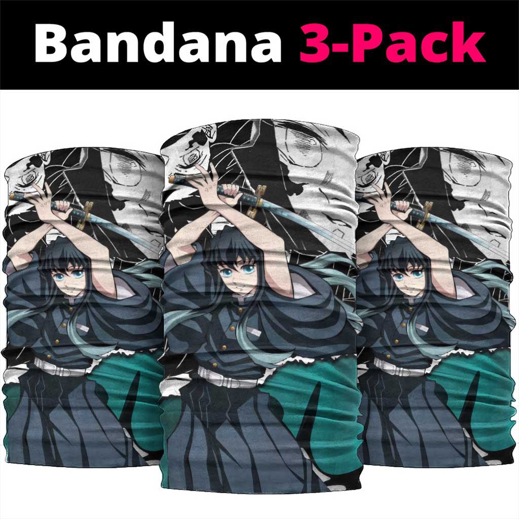 Muichiro Tokito Demon Slayer Mist Hashira Design Neck Gaiter with Manga Panels and Teal Sword Art - The Mazicc