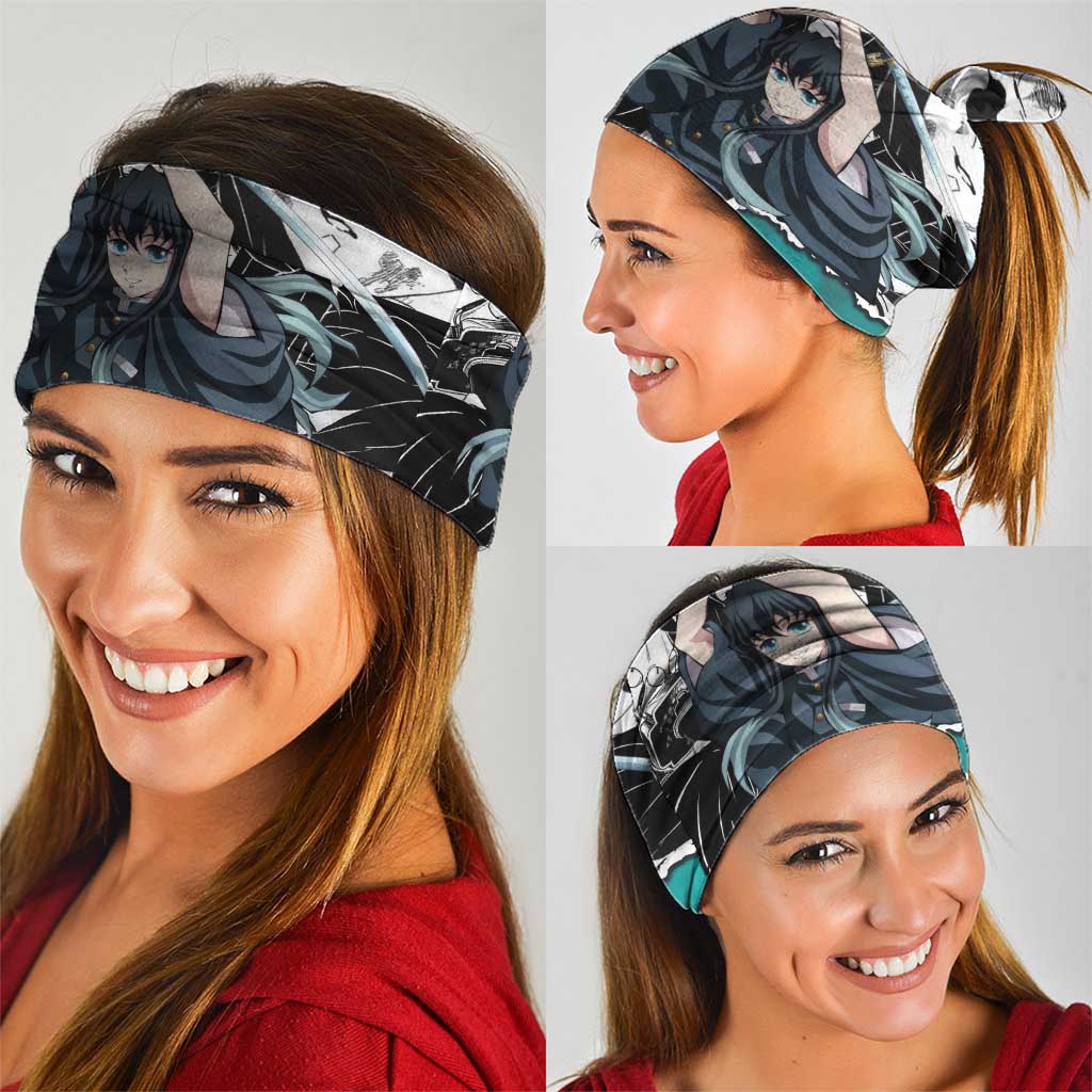 Muichiro Tokito Demon Slayer Mist Hashira Design Neck Gaiter with Manga Panels and Teal Sword Art - The Mazicc