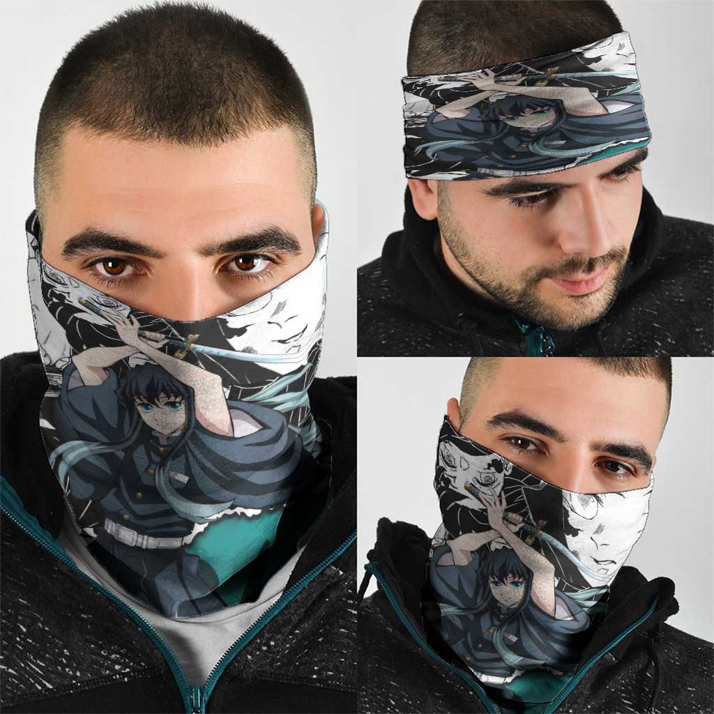 Muichiro Tokito Demon Slayer Mist Hashira Design Neck Gaiter with Manga Panels and Teal Sword Art - The Mazicc