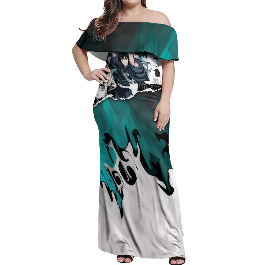 Muichiro Tokito Demon Slayer Mist Hashira Design Off Shoulder Maxi Dress with Manga Panels and Teal Sword Art - The Mazicc