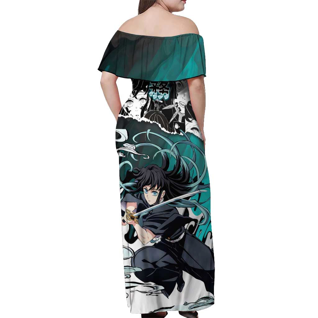 Muichiro Tokito Demon Slayer Mist Hashira Design Off Shoulder Maxi Dress with Manga Panels and Teal Sword Art - The Mazicc