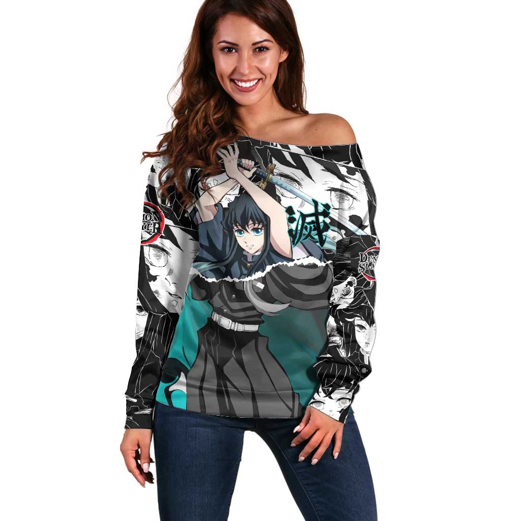 Muichiro Tokito Demon Slayer Mist Hashira Design Off Shoulder Sweater with Manga Panels and Teal Sword Art - The Mazicc