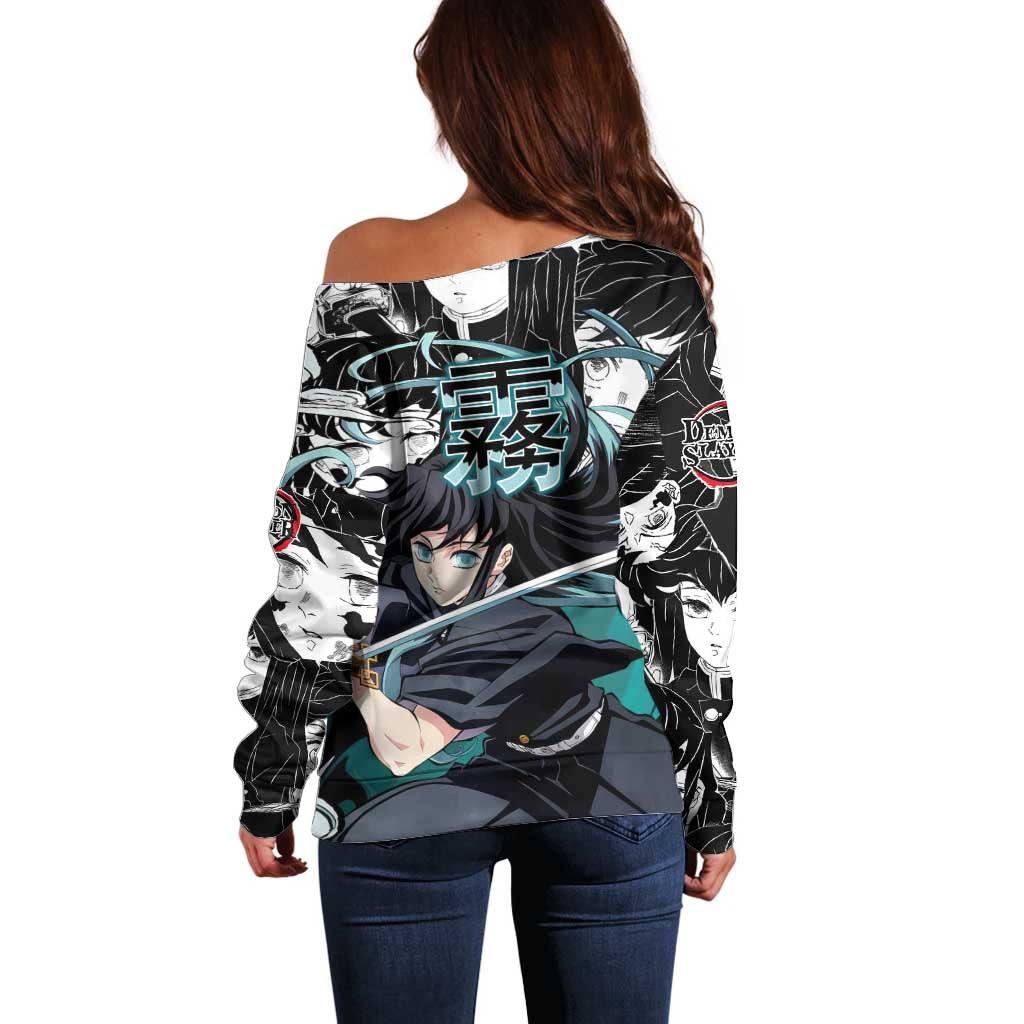 Muichiro Tokito Demon Slayer Mist Hashira Design Off Shoulder Sweater with Manga Panels and Teal Sword Art - The Mazicc