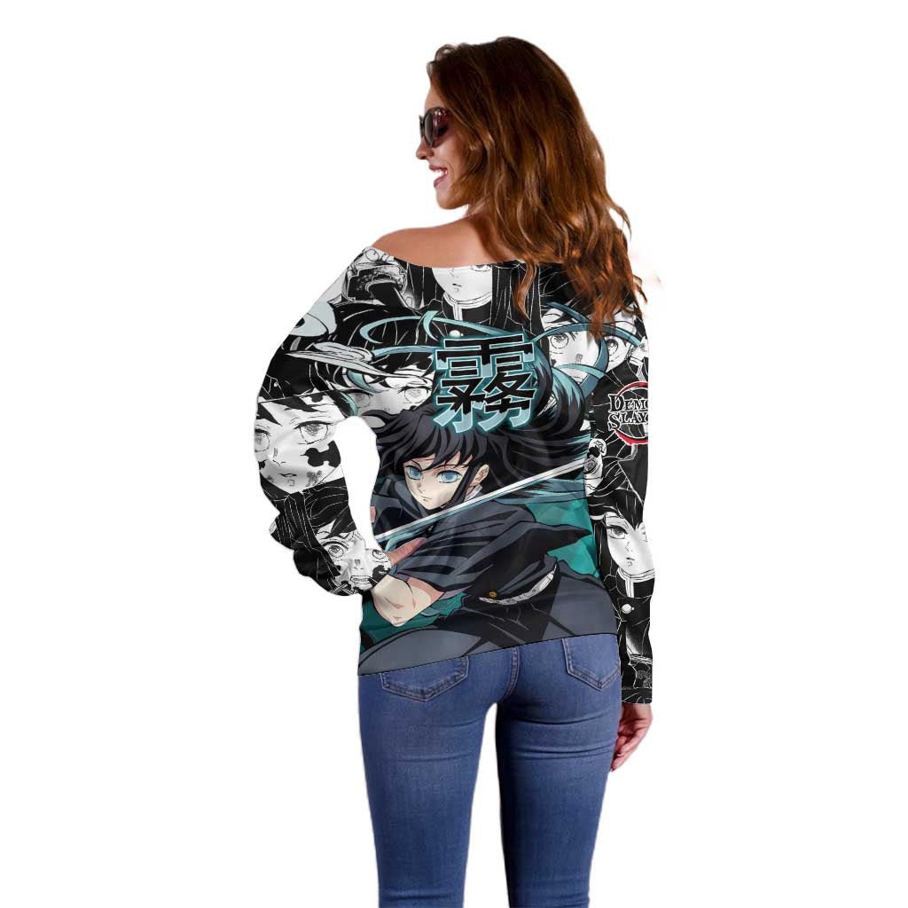 Muichiro Tokito Demon Slayer Mist Hashira Design Off Shoulder Sweater with Manga Panels and Teal Sword Art - The Mazicc