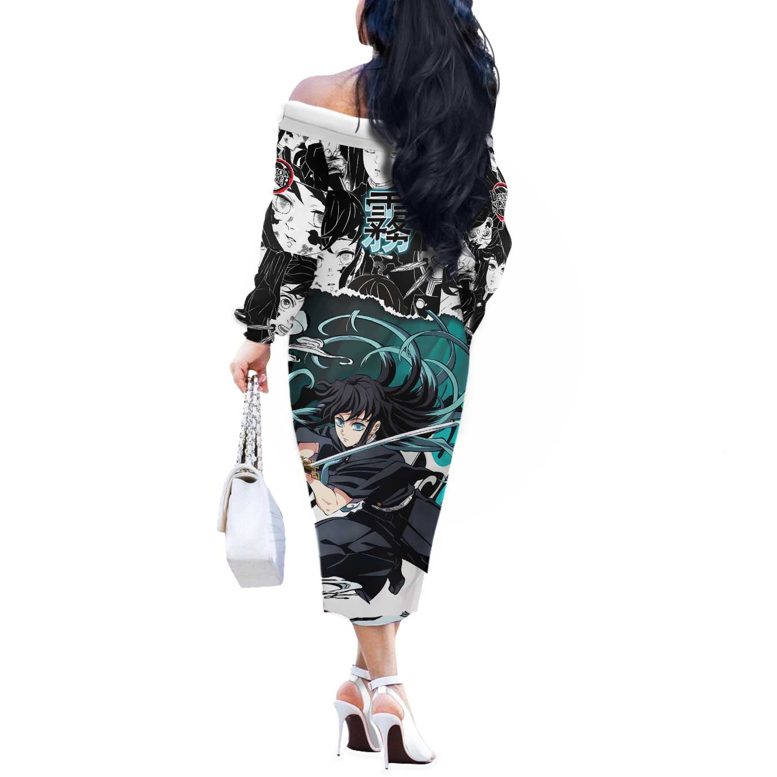 Muichiro Tokito Demon Slayer Mist Hashira Design Off The Shoulder Long Sleeve Dress with Manga Panels and Teal Sword Art - The Mazicc