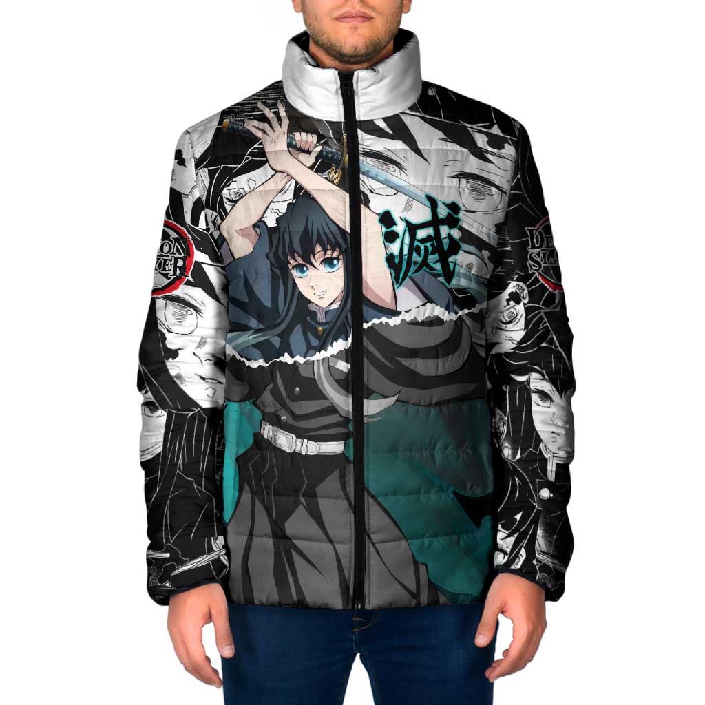 Muichiro Tokito Demon Slayer Mist Hashira Design Padded Jacket with Manga Panels and Teal Sword Art - The Mazicc