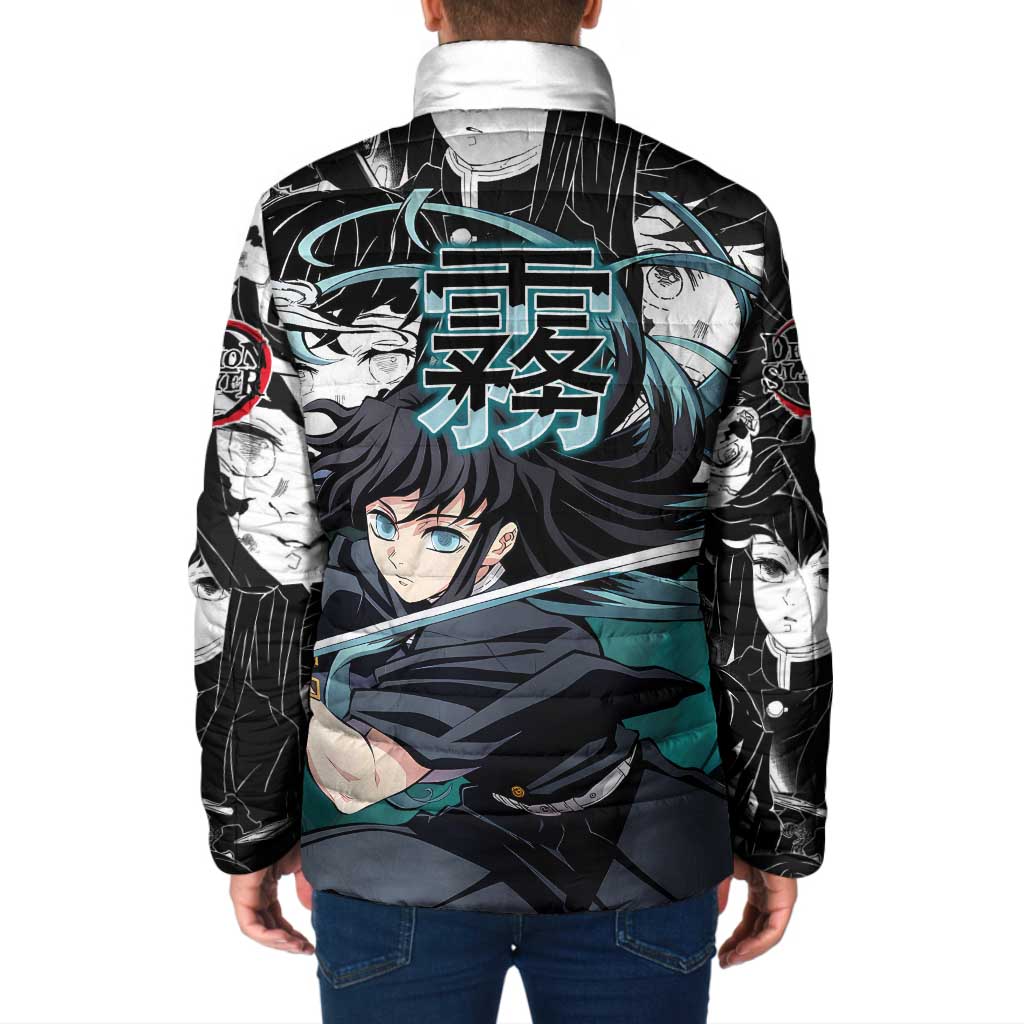 Muichiro Tokito Demon Slayer Mist Hashira Design Padded Jacket with Manga Panels and Teal Sword Art - The Mazicc