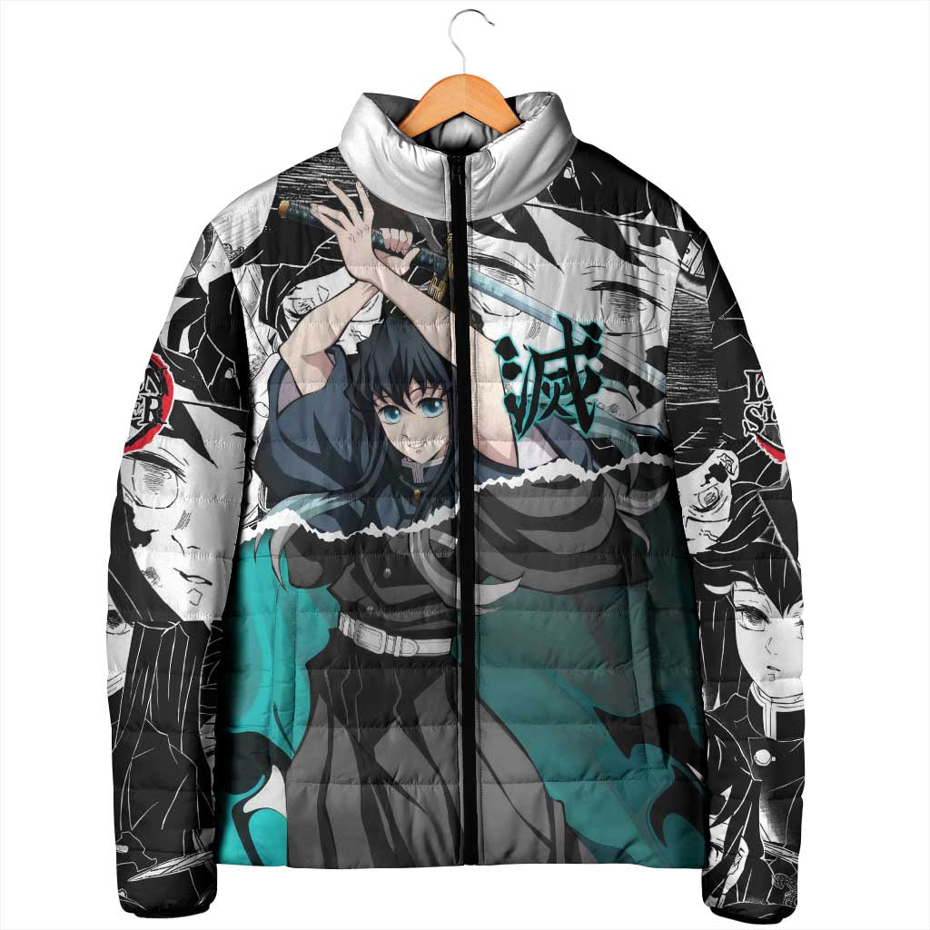 Muichiro Tokito Demon Slayer Mist Hashira Design Padded Jacket with Manga Panels and Teal Sword Art - The Mazicc