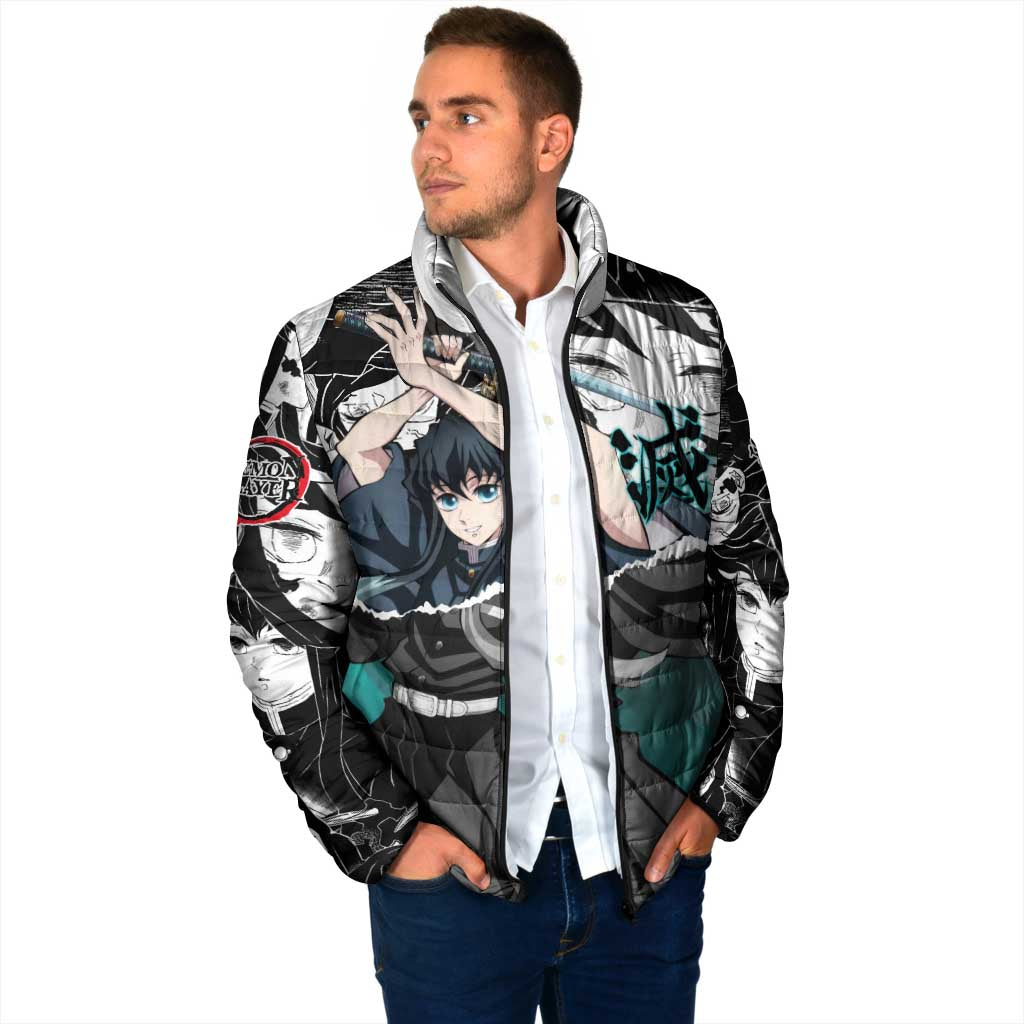 Muichiro Tokito Demon Slayer Mist Hashira Design Padded Jacket with Manga Panels and Teal Sword Art - The Mazicc