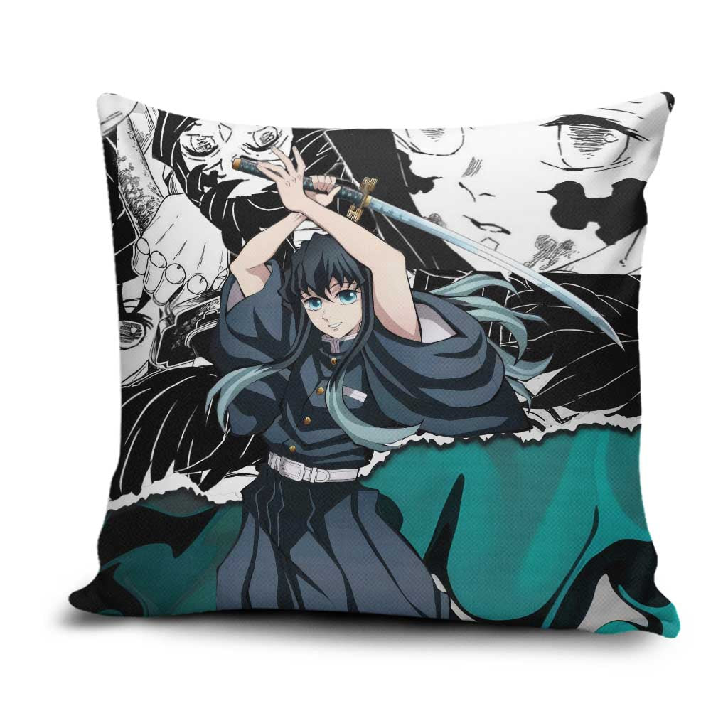 Muichiro Tokito Demon Slayer Mist Hashira Design Pillow Cover with Manga Panels and Teal Sword Art - The Mazicc