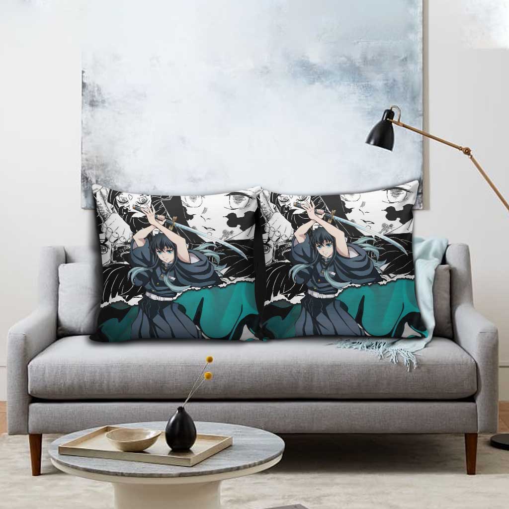 Muichiro Tokito Demon Slayer Mist Hashira Design Pillow Cover with Manga Panels and Teal Sword Art - The Mazicc
