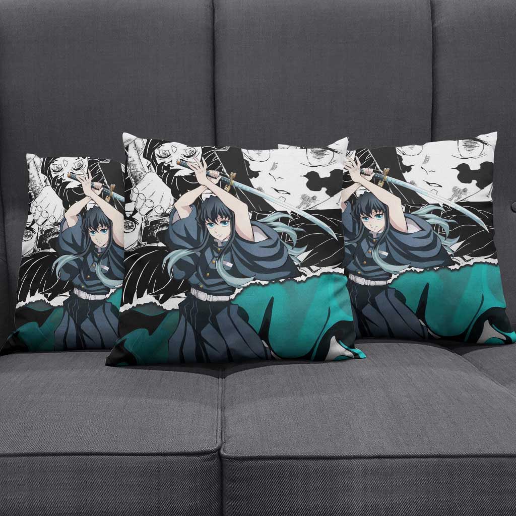 Muichiro Tokito Demon Slayer Mist Hashira Design Pillow Cover with Manga Panels and Teal Sword Art - The Mazicc