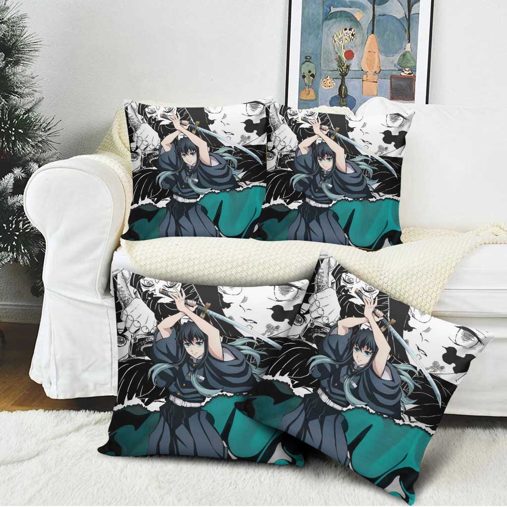 Muichiro Tokito Demon Slayer Mist Hashira Design Pillow Cover with Manga Panels and Teal Sword Art - The Mazicc