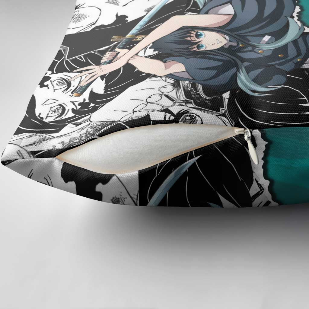 Muichiro Tokito Demon Slayer Mist Hashira Design Pillow Cover with Manga Panels and Teal Sword Art - The Mazicc