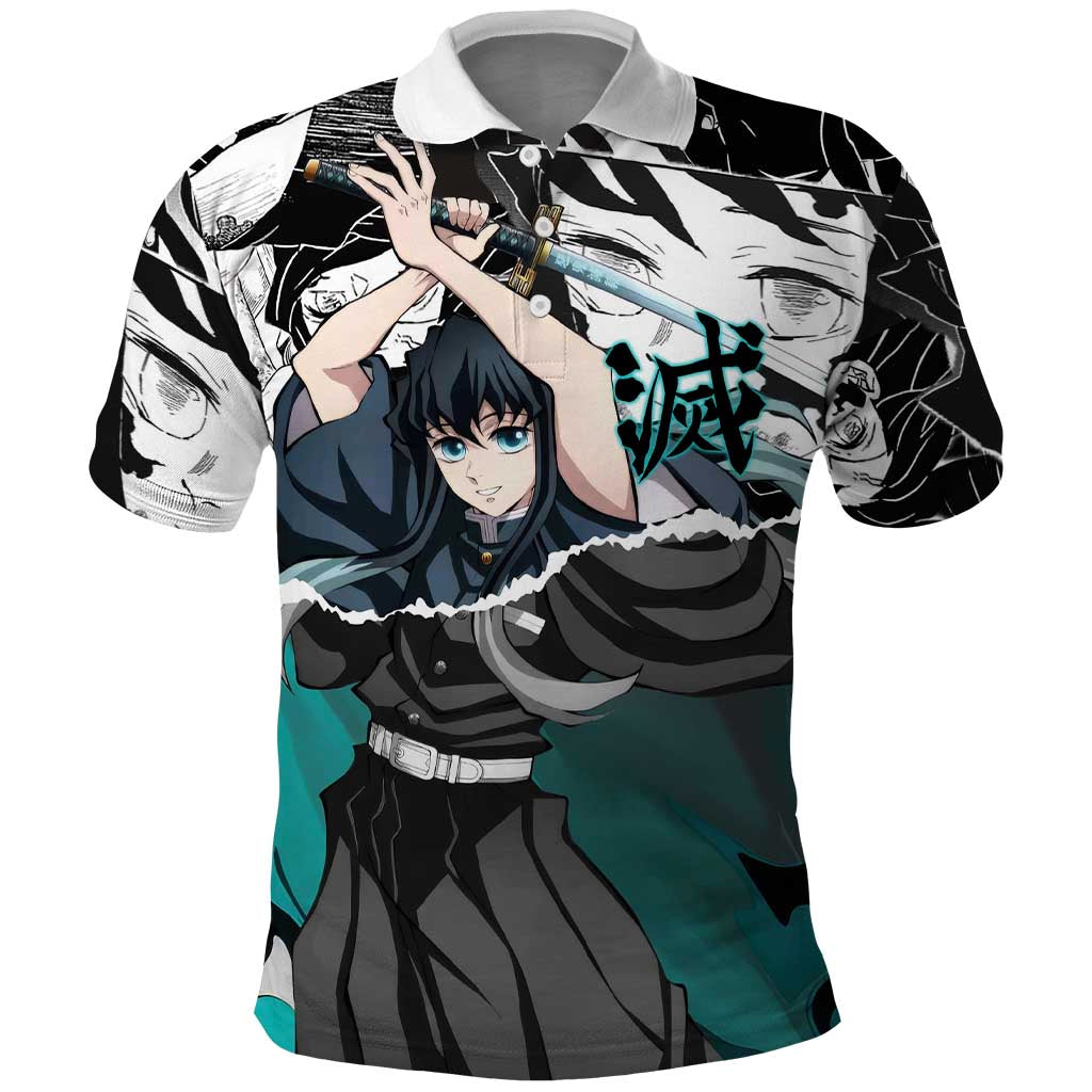 Muichiro Tokito Demon Slayer Mist Hashira Design Polo Shirt with Manga Panels and Teal Sword Art - The Mazicc