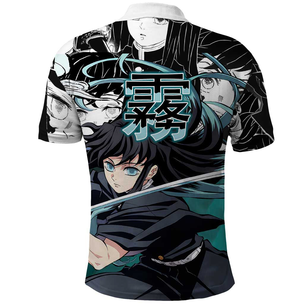 Muichiro Tokito Demon Slayer Mist Hashira Design Polo Shirt with Manga Panels and Teal Sword Art - The Mazicc