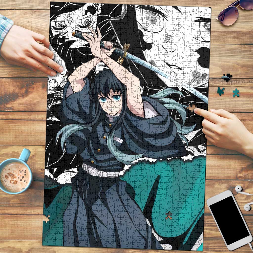 Muichiro Tokito Demon Slayer Mist Hashira Design Puzzle with Manga Panels and Teal Sword Art - The Mazicc