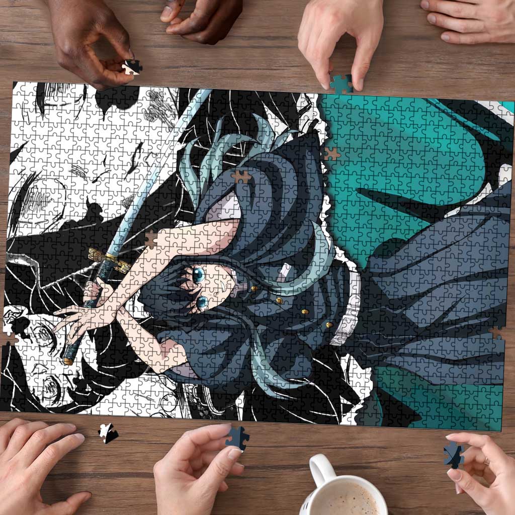 Muichiro Tokito Demon Slayer Mist Hashira Design Puzzle with Manga Panels and Teal Sword Art - The Mazicc