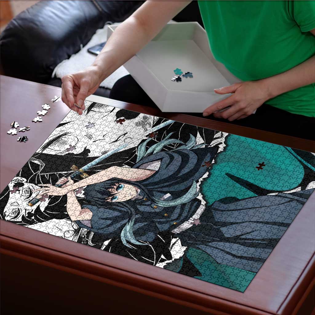 Muichiro Tokito Demon Slayer Mist Hashira Design Puzzle with Manga Panels and Teal Sword Art - The Mazicc