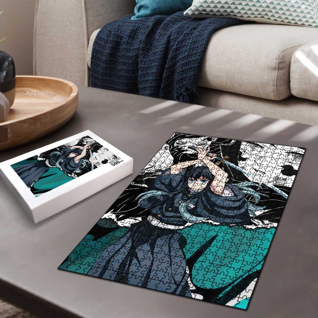 Muichiro Tokito Demon Slayer Mist Hashira Design Puzzle with Manga Panels and Teal Sword Art - The Mazicc