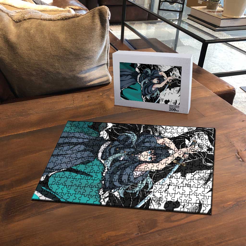 Muichiro Tokito Demon Slayer Mist Hashira Design Puzzle with Manga Panels and Teal Sword Art - The Mazicc