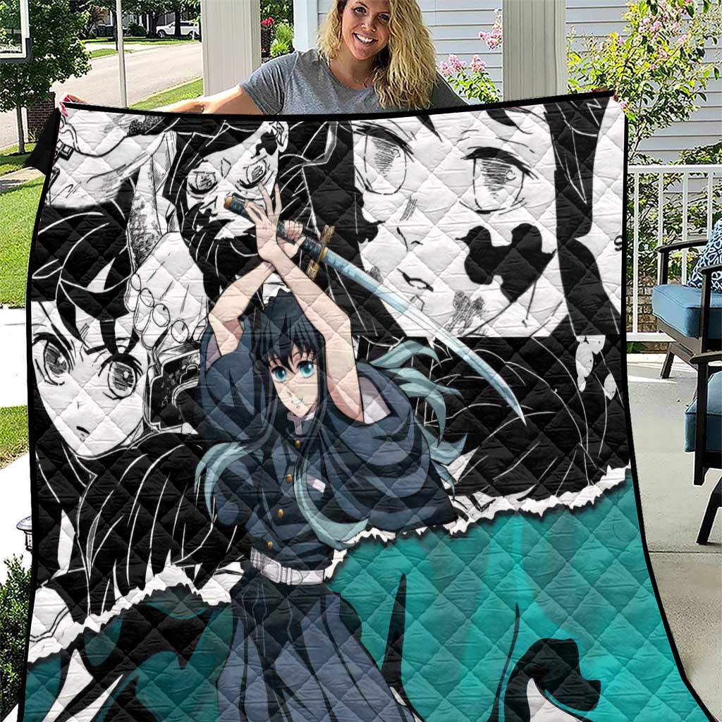 Muichiro Tokito Demon Slayer Mist Hashira Design Quilt with Manga Panels and Teal Sword Art - The Mazicc