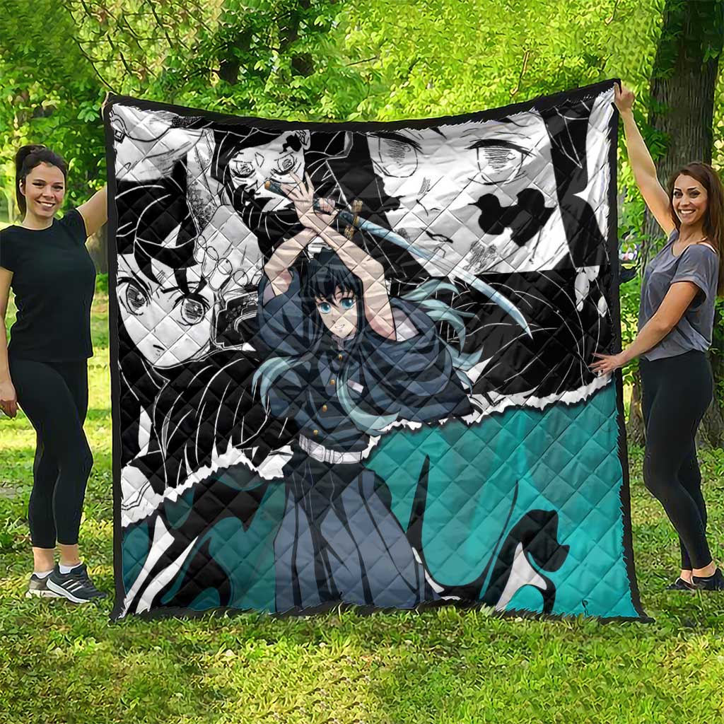 Muichiro Tokito Demon Slayer Mist Hashira Design Quilt with Manga Panels and Teal Sword Art - The Mazicc