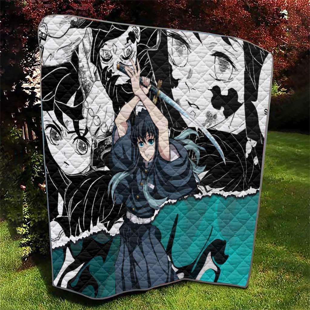 Muichiro Tokito Demon Slayer Mist Hashira Design Quilt with Manga Panels and Teal Sword Art - The Mazicc