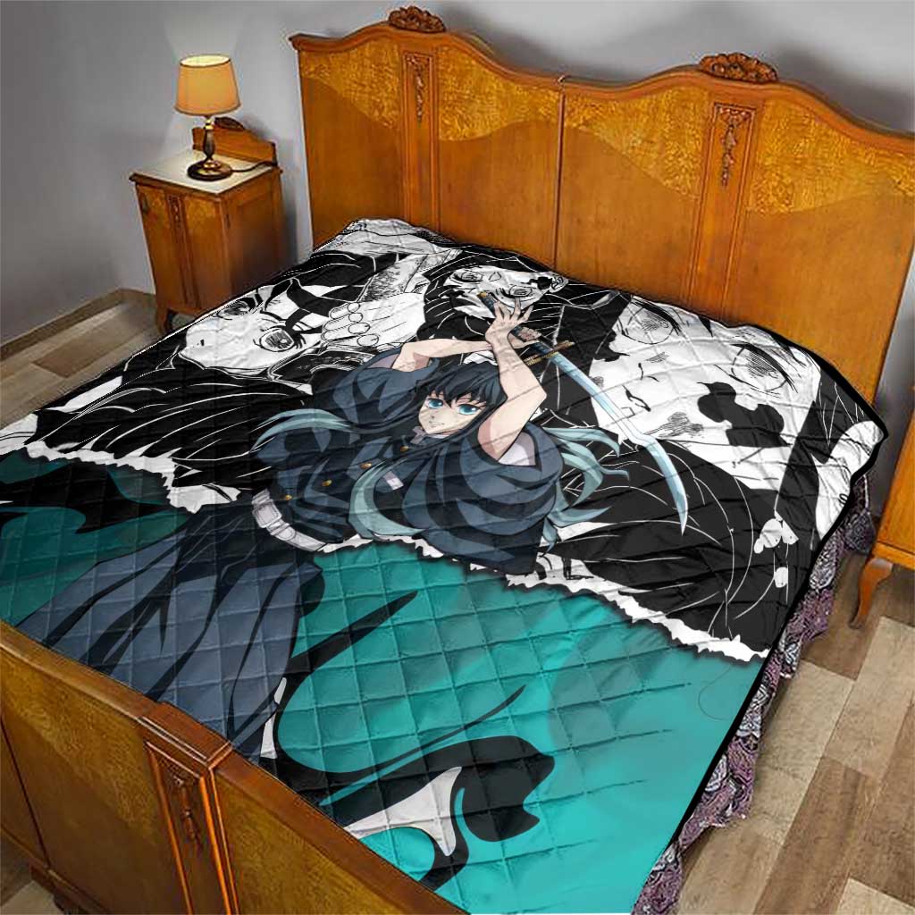 Muichiro Tokito Demon Slayer Mist Hashira Design Quilt with Manga Panels and Teal Sword Art - The Mazicc
