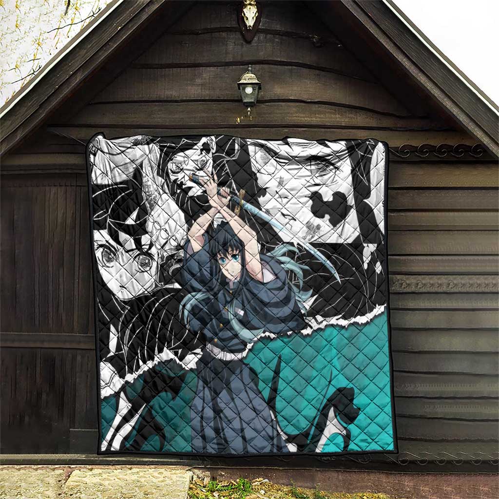 Muichiro Tokito Demon Slayer Mist Hashira Design Quilt with Manga Panels and Teal Sword Art - The Mazicc