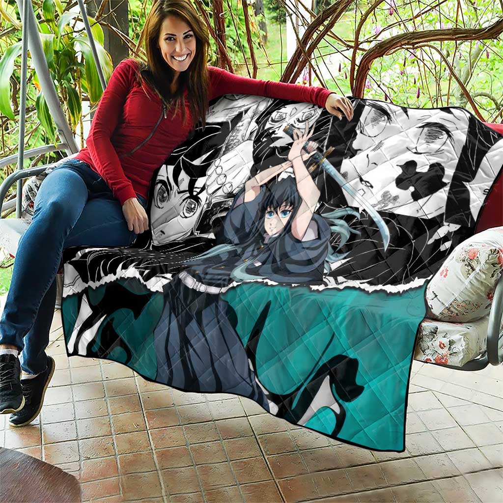 Muichiro Tokito Demon Slayer Mist Hashira Design Quilt with Manga Panels and Teal Sword Art - The Mazicc