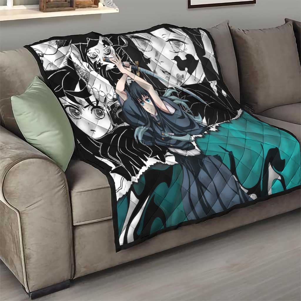 Muichiro Tokito Demon Slayer Mist Hashira Design Quilt with Manga Panels and Teal Sword Art - The Mazicc