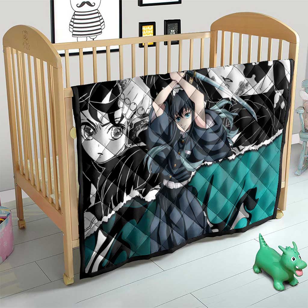 Muichiro Tokito Demon Slayer Mist Hashira Design Quilt with Manga Panels and Teal Sword Art - The Mazicc