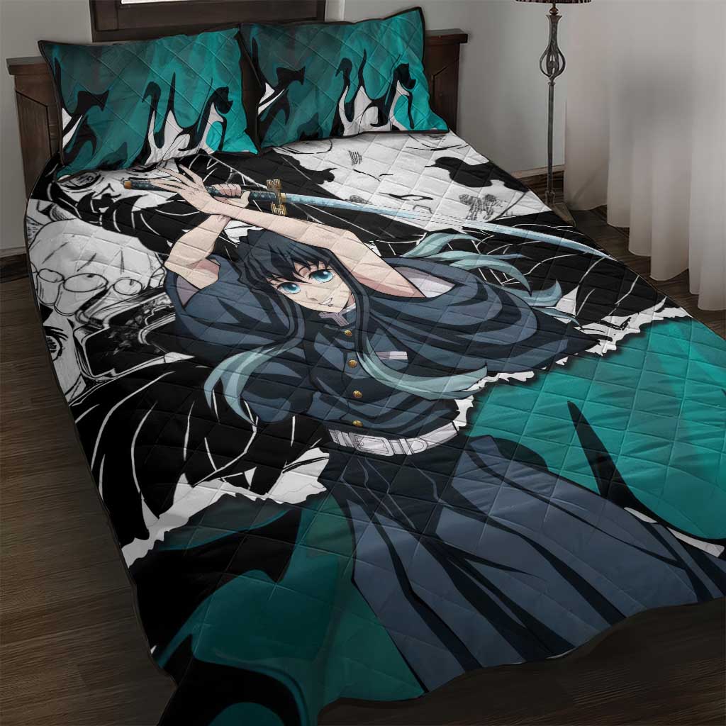 Muichiro Tokito Demon Slayer Mist Hashira Design Quilt Bed Set with Manga Panels and Teal Sword Art - The Mazicc
