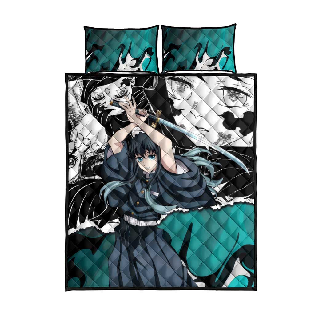 Muichiro Tokito Demon Slayer Mist Hashira Design Quilt Bed Set with Manga Panels and Teal Sword Art - The Mazicc
