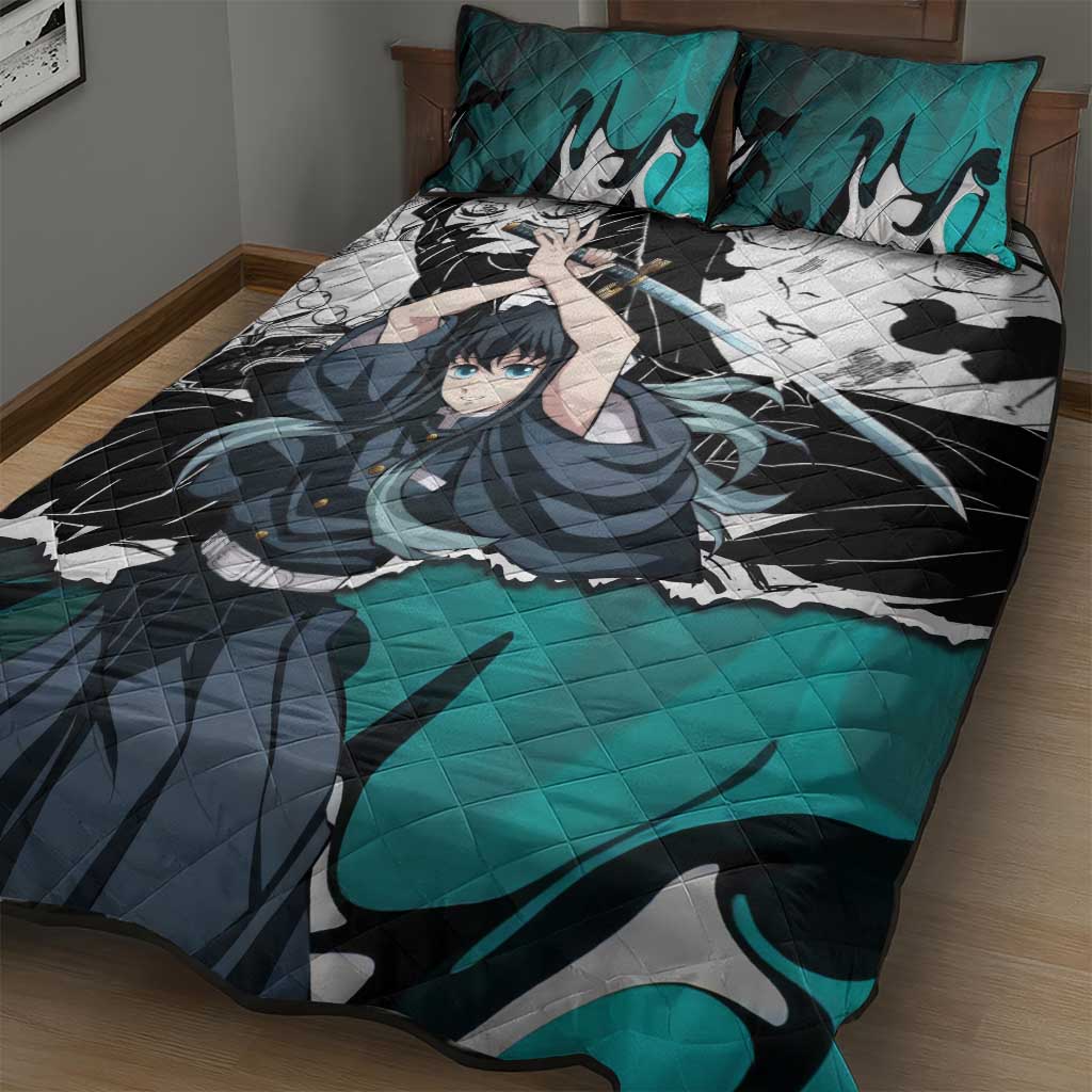 Muichiro Tokito Demon Slayer Mist Hashira Design Quilt Bed Set with Manga Panels and Teal Sword Art - The Mazicc