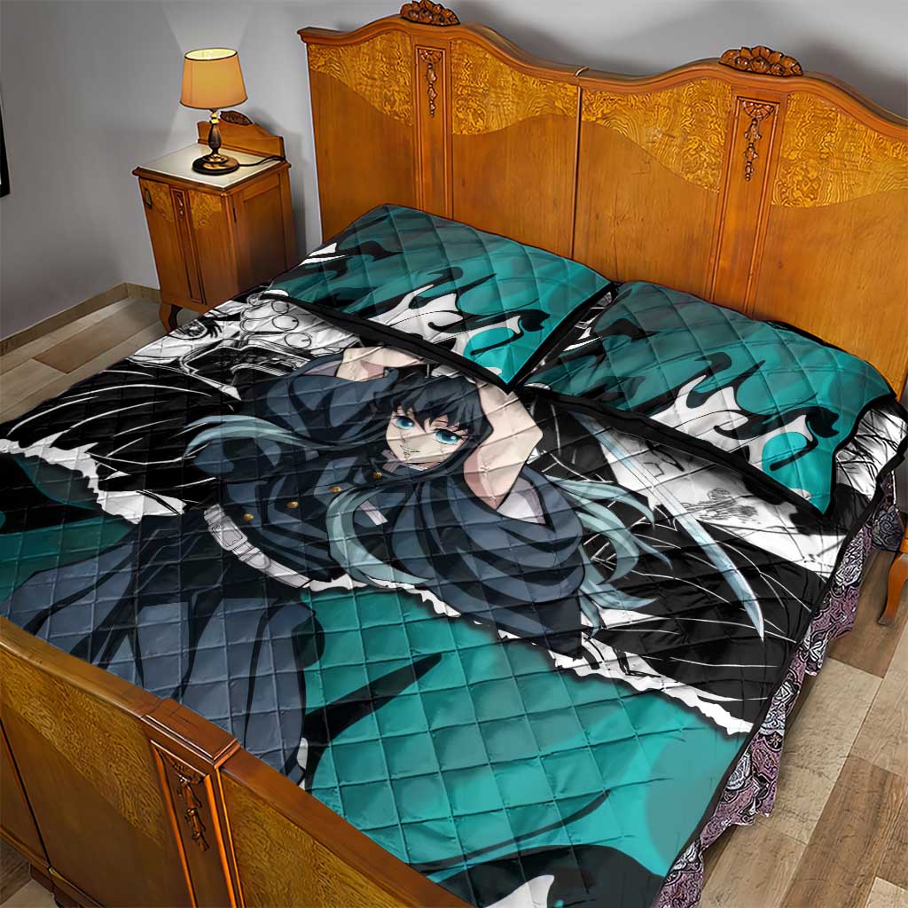 Muichiro Tokito Demon Slayer Mist Hashira Design Quilt Bed Set with Manga Panels and Teal Sword Art - The Mazicc
