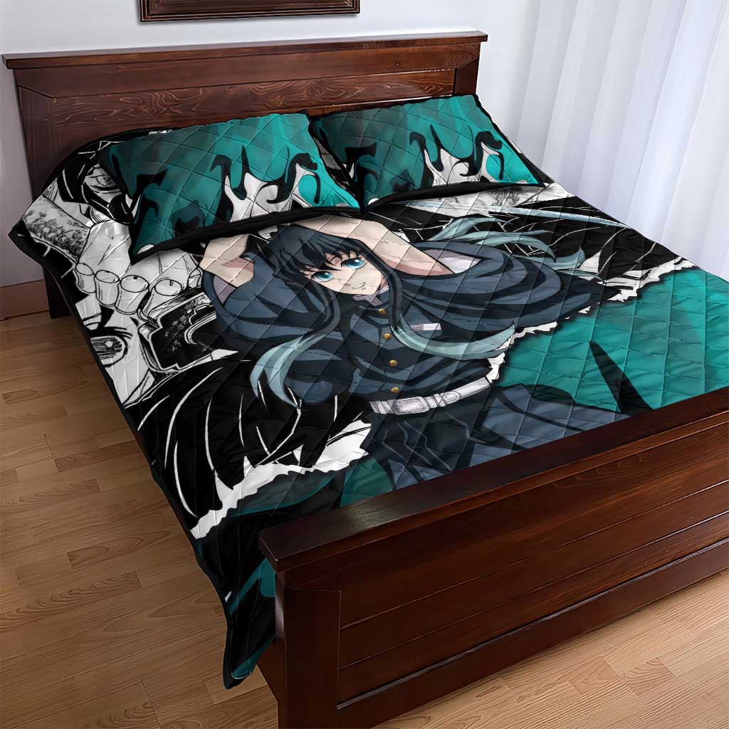 Muichiro Tokito Demon Slayer Mist Hashira Design Quilt Bed Set with Manga Panels and Teal Sword Art - The Mazicc