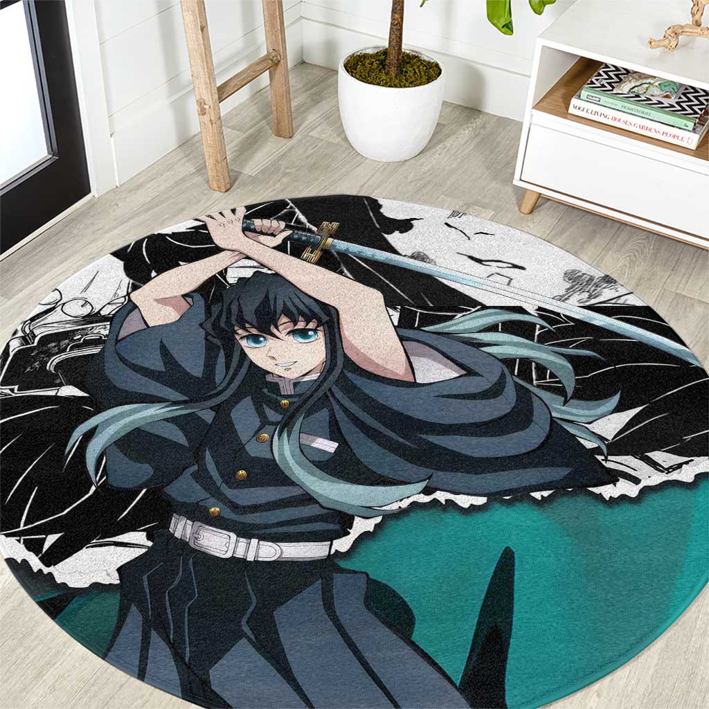 Muichiro Tokito Demon Slayer Mist Hashira Design Round Carpet with Manga Panels and Teal Sword Art - The Mazicc