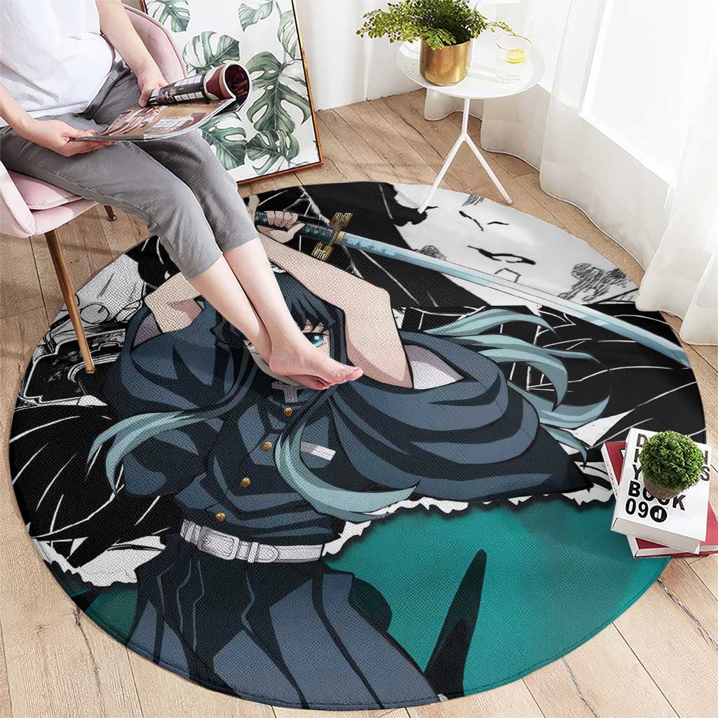 Muichiro Tokito Demon Slayer Mist Hashira Design Round Carpet with Manga Panels and Teal Sword Art - The Mazicc