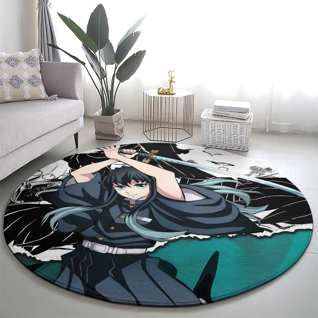 Muichiro Tokito Demon Slayer Mist Hashira Design Round Carpet with Manga Panels and Teal Sword Art - The Mazicc