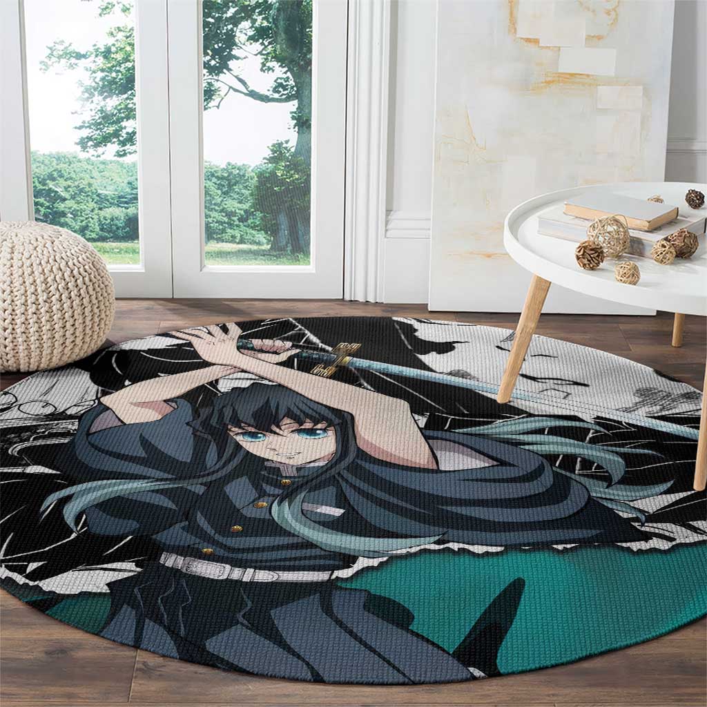 Muichiro Tokito Demon Slayer Mist Hashira Design Round Carpet with Manga Panels and Teal Sword Art - The Mazicc