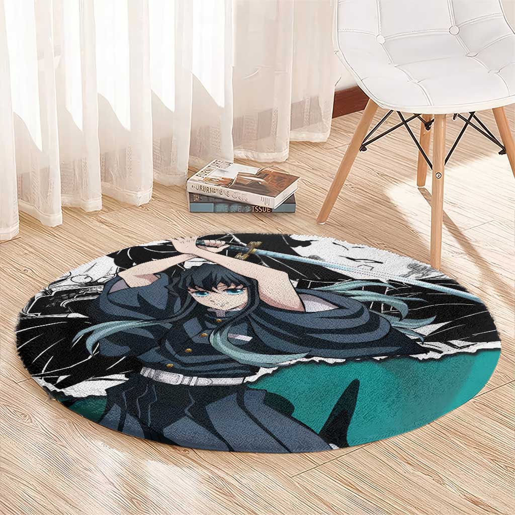 Muichiro Tokito Demon Slayer Mist Hashira Design Round Carpet with Manga Panels and Teal Sword Art - The Mazicc