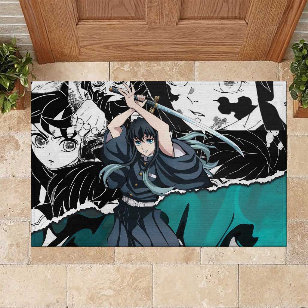 Muichiro Tokito Demon Slayer Mist Hashira Design Rubber Doormat with Manga Panels and Teal Sword Art - The Mazicc