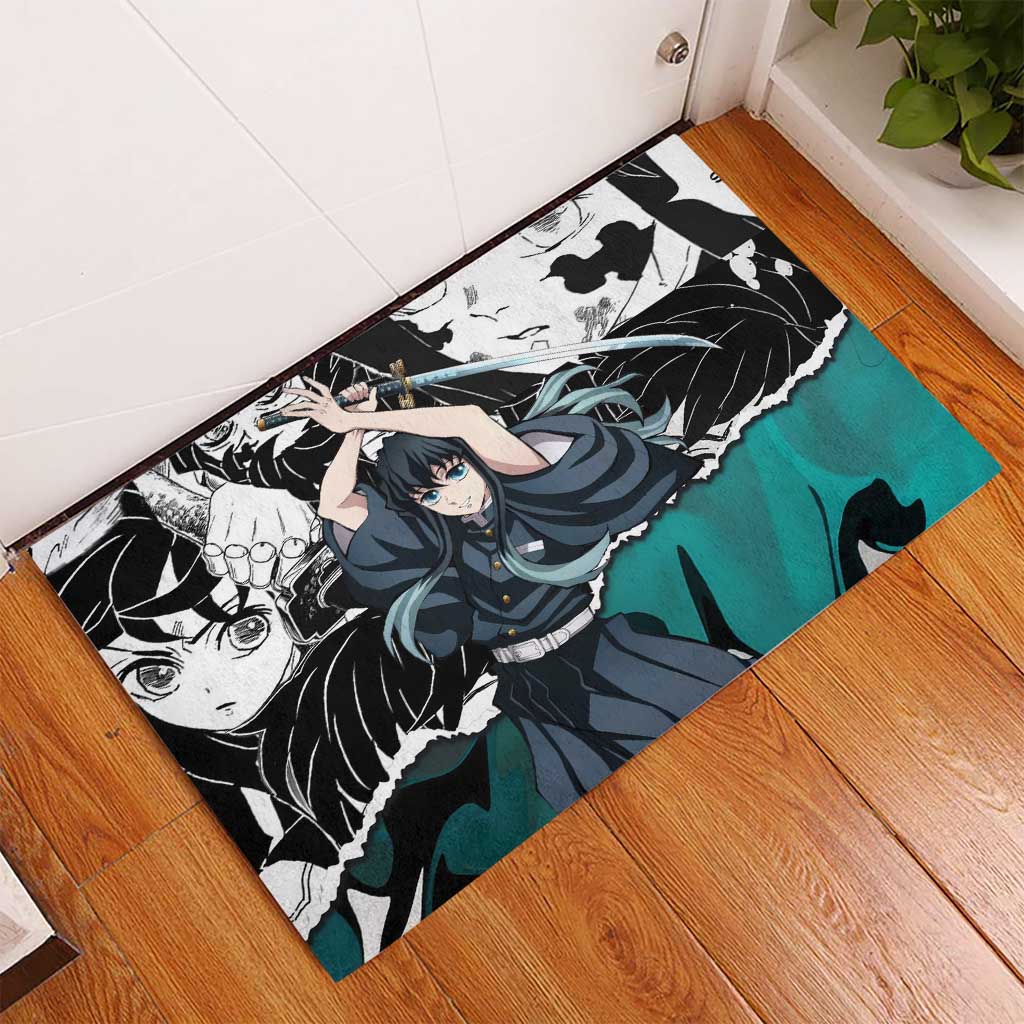 Muichiro Tokito Demon Slayer Mist Hashira Design Rubber Doormat with Manga Panels and Teal Sword Art - The Mazicc