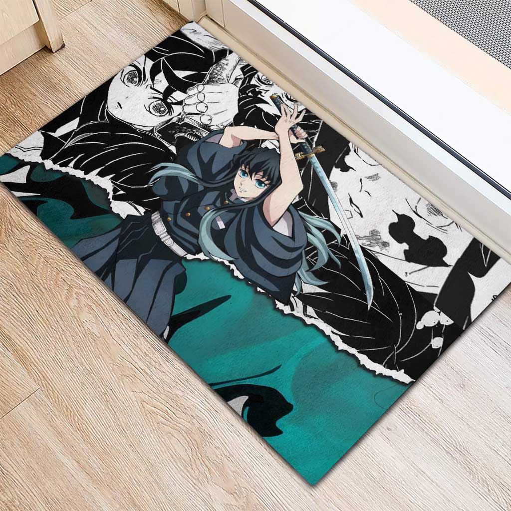 Muichiro Tokito Demon Slayer Mist Hashira Design Rubber Doormat with Manga Panels and Teal Sword Art - The Mazicc