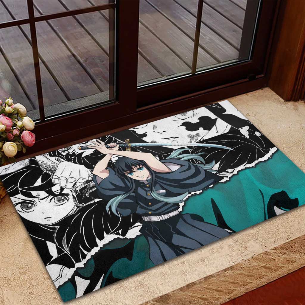 Muichiro Tokito Demon Slayer Mist Hashira Design Rubber Doormat with Manga Panels and Teal Sword Art - The Mazicc