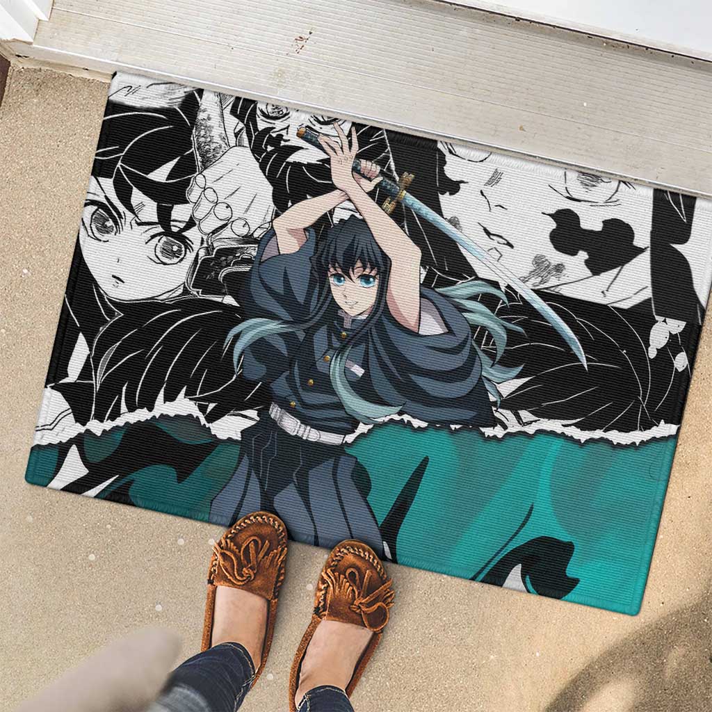 Muichiro Tokito Demon Slayer Mist Hashira Design Rubber Doormat with Manga Panels and Teal Sword Art - The Mazicc