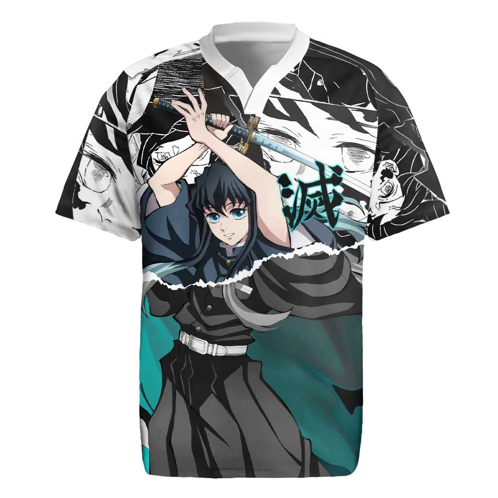 Muichiro Tokito Demon Slayer Mist Hashira Design Rugby Jersey with Manga Panels and Teal Sword Art - The Mazicc