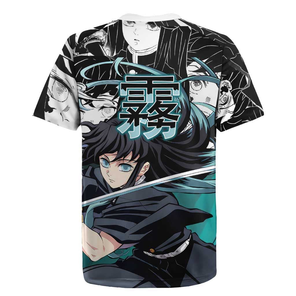 Muichiro Tokito Demon Slayer Mist Hashira Design Rugby Jersey with Manga Panels and Teal Sword Art - The Mazicc